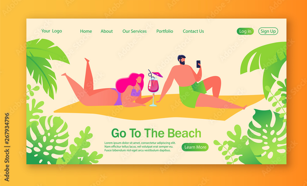 Concept of landing page on summer vacation theme. Outdoor activity and rest on the beach. Pair of flat characters resting on the beach, sunbathing lie on a sandy beach. Concept for website or web page Concept of landing page on summer vacation theme. Outdoor activity and rest on the beach. Pair of flat characters resting on the beach, sunbathing lie on a sandy beach. Concept for website or web page