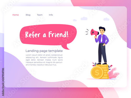 Refer a friend. Concept of referrals and followers on the Internet and business. Businessman shout on megaphone standing on a coin pile. Teamwork icons. Successful leader and Manager.