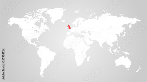 The designation of Great Britain on the world map. Red color. White territories of countries on a gray background. Vector illustration.