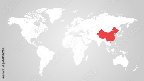 Fototapeta Naklejka Na Ścianę i Meble -  The designation of China on the world map. Red color. White territories of countries on a gray background. Vector illustration.