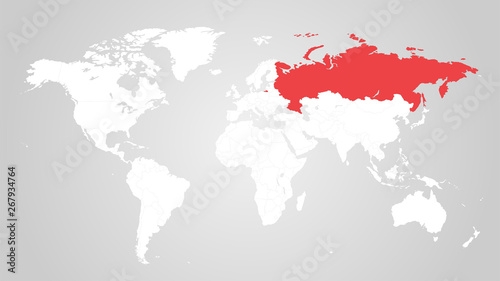 The designation of Russia on the world map. Red color. White territories of countries on a gray background. Vector illustration.