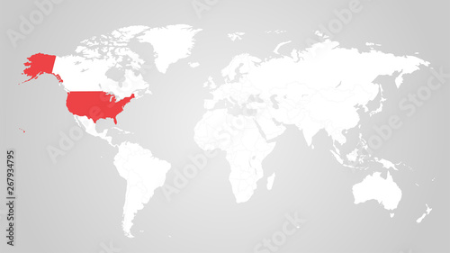 The designation of the United States of America on the world map. Red color. White territories of countries on a gray background. Vector illustration.