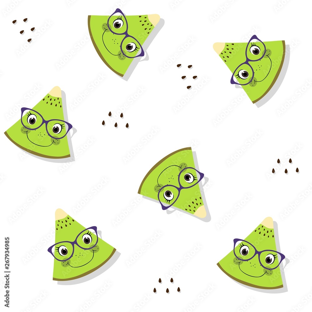 Obraz premium Seamless pattern of fresh kiwi with faces, glasses and drop shadow. Summer fruit background