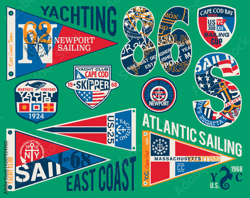 North America east coast yacht club sailing team vintage vector badges flags patches collection for print and embroidery applique