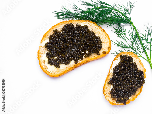 Sturgeon black caviar sandwich on white background