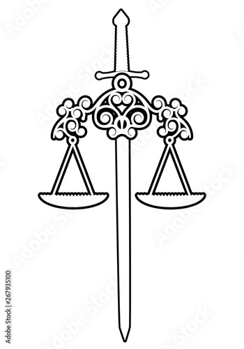 Symbols of Justice. Scale and sword isolated on white background