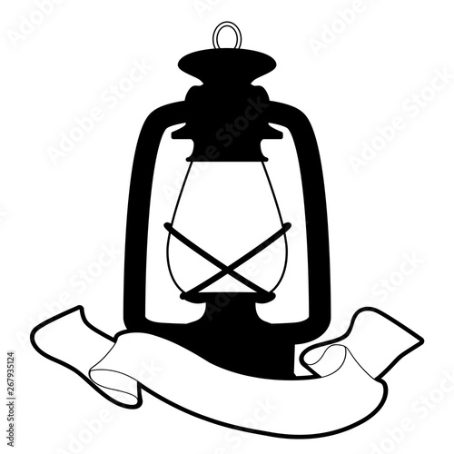 Old oil or gas lamp and text banner, isolated on white background