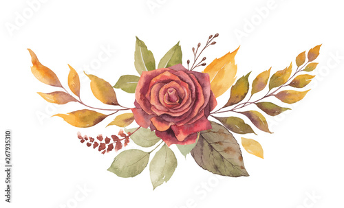 Watercolor vector autumn wreath with red rose and leaves isolated on white background.
