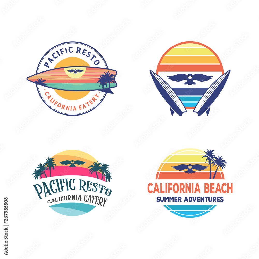 set logo designs, owl surfing logo design inspiration, with a sunset beach in the surf board set logo designs, owl surfing logo design inspiration, with a sunset beach in the surf board