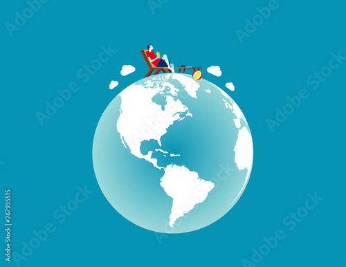 A man relaxed on the top of globe. Concept business vector illustration, Relaxing, World Map, Life style.