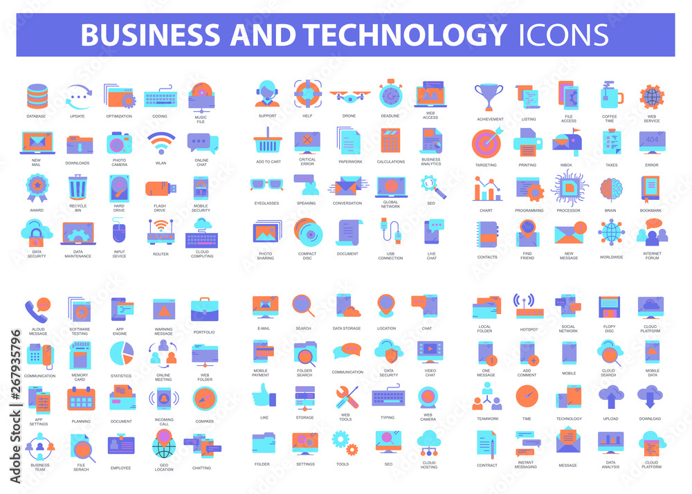 Business and marketing, programming, data management, internet connection, social network, computing, information. Thin line blue icons set. Flat vector illustration - obrazy, fototapety, plakaty 