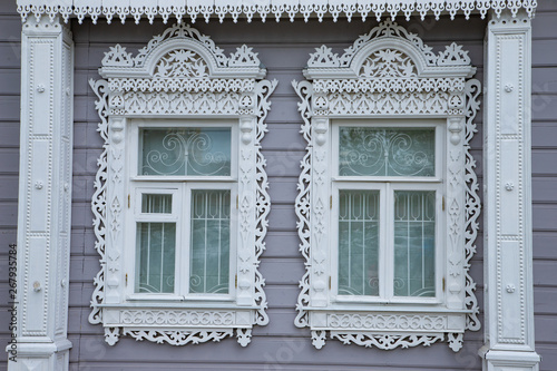 Russian antique authentic carved Windows, Kolomna Russia photo