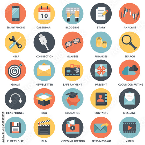 Vector collection of colorful flat search engine optimization, business, technology and finances icons. Design elements for mobile and web applications.