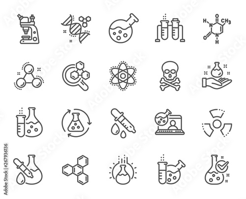 Chemistry lab line icons. Chemical formula, Microscope and Medical analysis. Laboratory test flask, reaction tube, chemistry lab icons. Microscopic research, toxic radiation. Vector