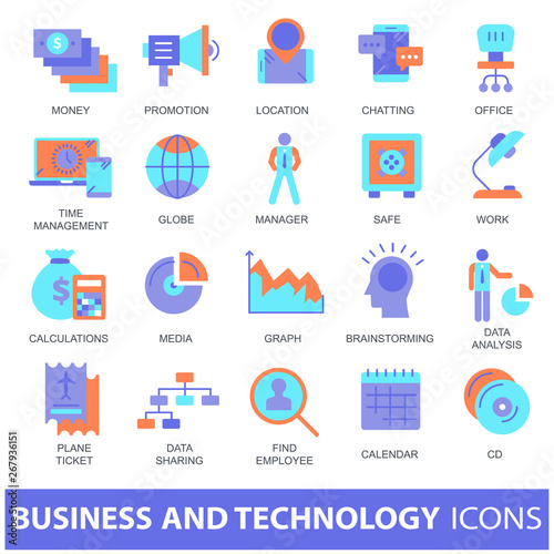 Colorful icon collection of business and technology for mobile applications and websites. Flat vector illustration