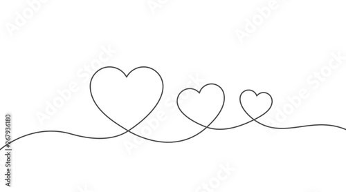 Continuous line drawing of hearts. One line love concept. Valentine day linear drawing. Single thread vector with hearts. Wedding, love and relationships background. Outine minimalism.