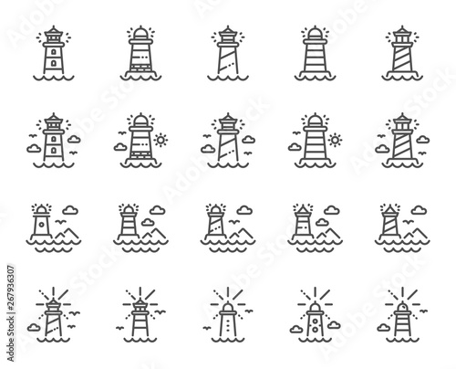 Lighthouse line icons. Searchlight tower with seagull for marine navigation of ships. Sea pharos, lighthouse or beacon icons. Ocean waves, nautical building, marine house. Vector