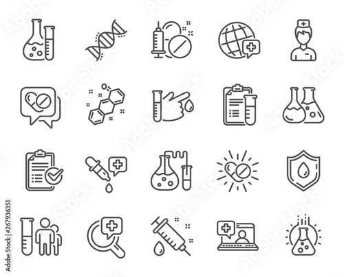 Medical healthcare, doctor line icons. Drug testing, scientific discovery and disease prevention signs. Chemical formula, medical doctor research, chemistry testing lab icons. Vector