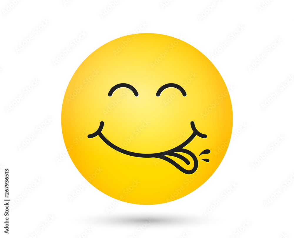 Yummy smiley emoticon with tongue lick mouth. Tasty food eating emoji face. Delicious cartoon with saliva drops on yellow background. Smiley face line design. Savory gourmet. Yummy vector Yummy smiley emoticon with tongue lick mouth. Tasty food eating emoji face. Delicious cartoon with saliva drops on yellow background. Smiley face line design. Savory gourmet. Yummy vector