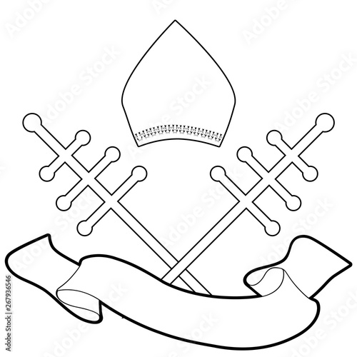 Pope miter with crosiers and blank banner text isolated on white background
