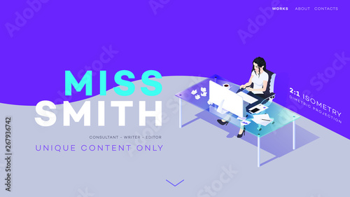 Woman Sit At The Glass Table. Web Template For Editors, Writers, Copywriters, Consultants.
