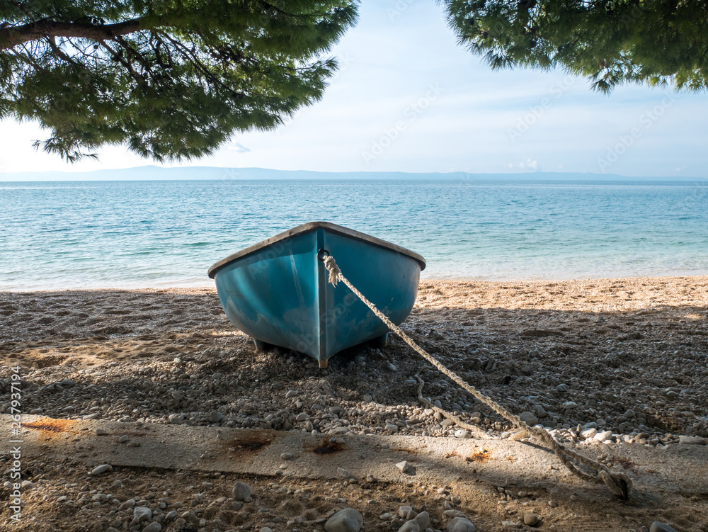Small plastic boat on the beach under pine trees Small plastic boat on the beach under pine trees
