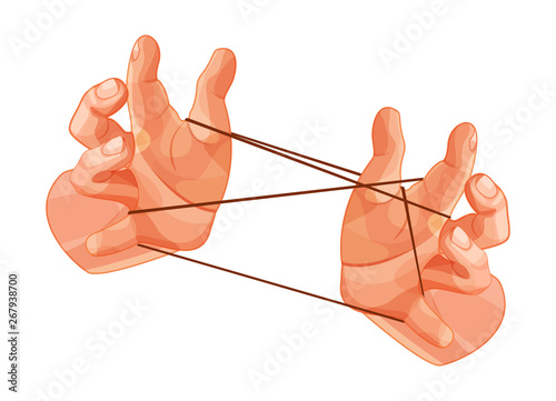 Hands hold game rubber band, threading between the fingers.