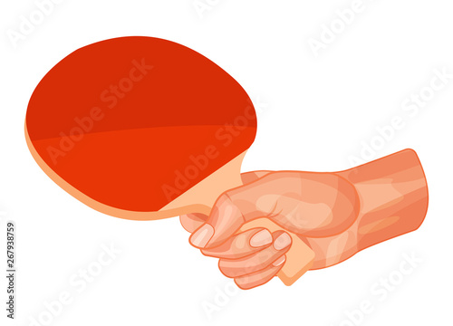 Hand is holding a racket from moving game - table tennis.