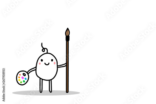 Cute cartoon men holding big brush and paints. Hand drawn vector illustration