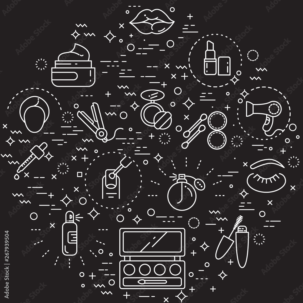 Simple Set of beauty and cosmetic Related Vector Line Illustration. Contains such Icons as make up, lipstick, powder and more. Modern style line drawing and background color black. Simple Set of beauty and cosmetic Related Vector Line Illustration. Contains such Icons as make up, lipstick, powder and more. Modern style line drawing and background color black.