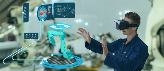 iot smart technology futuristic in industry 4.0 concept, engineer use augmented mixed virtual reality to education and training, repairs and maintenance, sales, product and site design, and more.