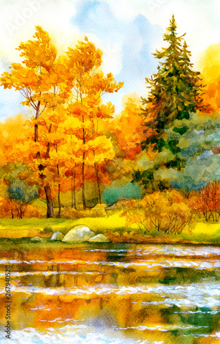 Autumnal forest on the lake