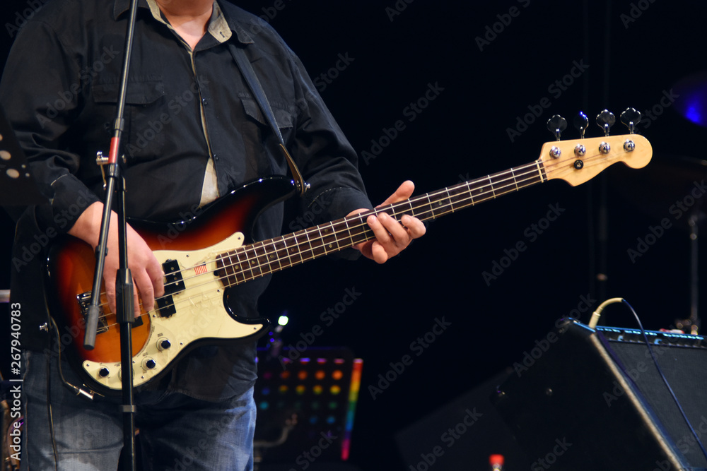 Obraz premium musician with bass guitar on stage, fragment