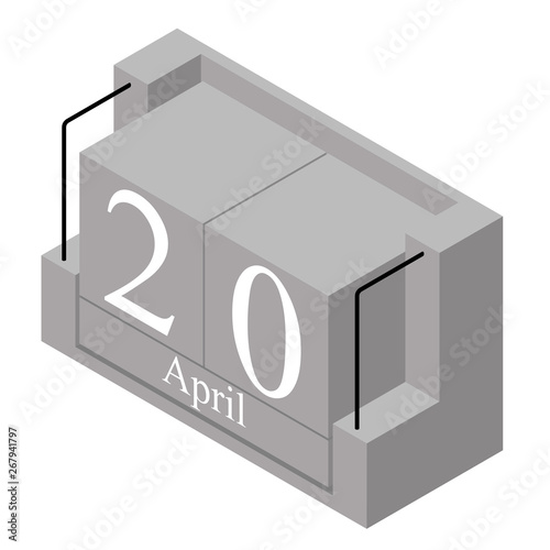 April 20th date on a single day calendar. Gray wood block calendar present date 20 and month April isolated on white background. Holiday. Season. Vector isometric illustration