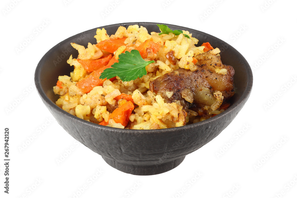 pilaf with meat in black bowl isolated on white background pilaf with meat in black bowl isolated on white background