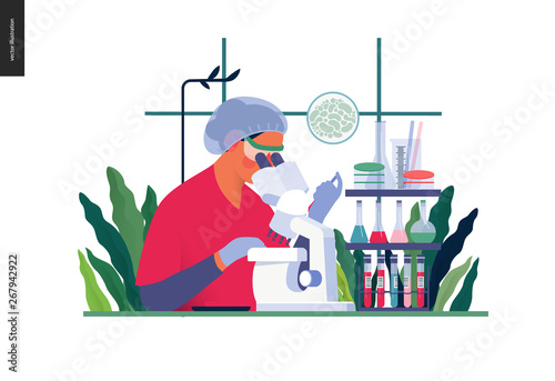 Medical tests template -chemical laboratory analysis - modern flat vector concept digital illustration of laboratory analysis -woman laboratory assistance with microscope, medical office or laboratory