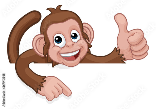 A monkey cartoon character animal peeking over a sign and pointing at it while doing a thumbs up