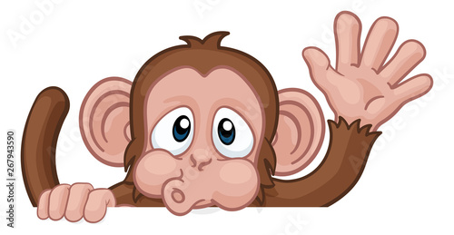 A monkey cartoon character animal peeking over a sign and waving