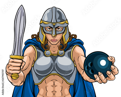 A female Viking, Trojan Spartan or Celtic warrior woman gladiator knight bowling sports mascot