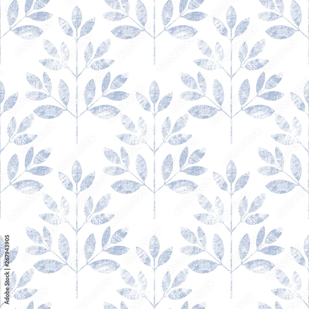 Blue leaf seamless pattern on white. Floral grunge background