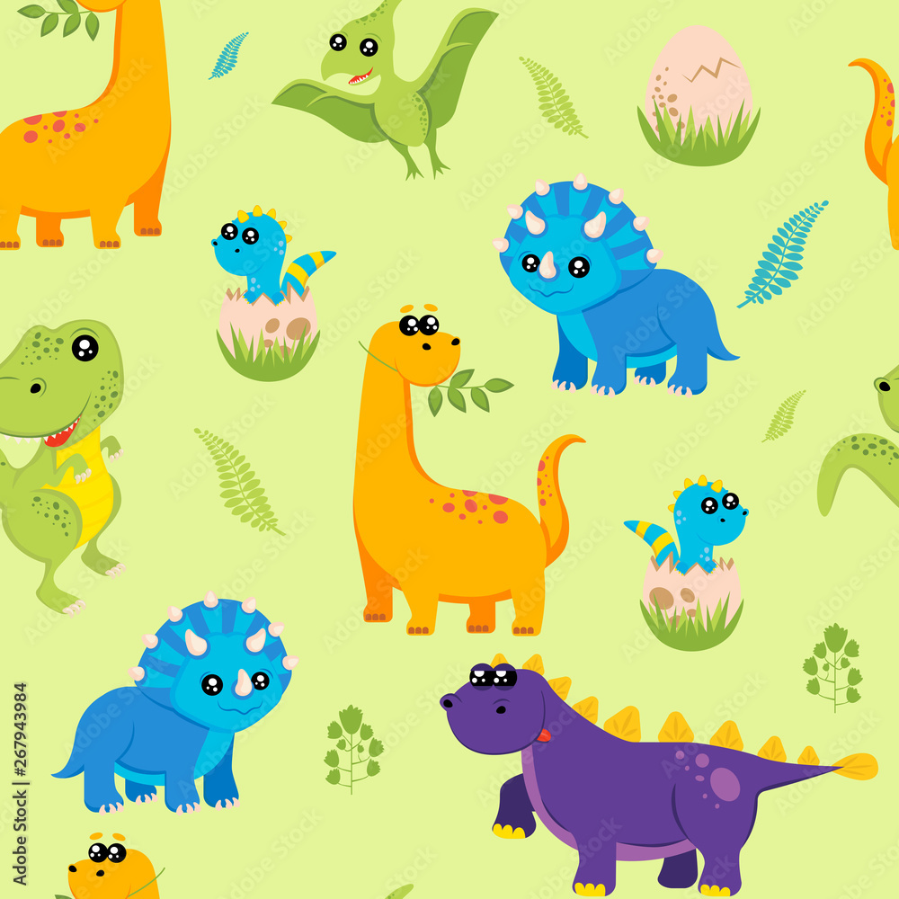 Naklejka premium Cute kids dinosaurs pattern for girls and boys. Colorful dinosaurs on the abstract grunge background.. The dinosaurs pattern is made in neon colors. Urban pattern. backdrop for textile and fabric.