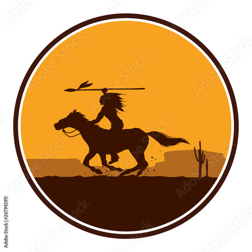 Silhouette of Native American Indian riding horseback with a spear in a round shape, Vector