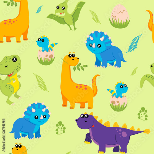 Cute kids dinosaurs pattern for girls and boys. Colorful dinosaurs on the abstract grunge background.. The dinosaurs pattern is made in neon colors. Urban pattern. backdrop for textile and fabric. © mamenkoaleks