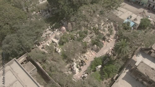 Gaudiya Acarya samadhis, Vrindavan, India 4k aerial ungraded photo