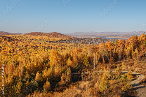Autumn panorama of the forest and the village in the distance