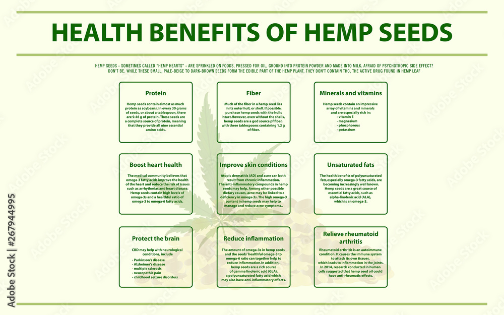 Health Benefits of Hemp Seeds horizontal infographic illustration about cannabis as herbal alternative medicine and chemical therapy, healthcare and medical science vector.