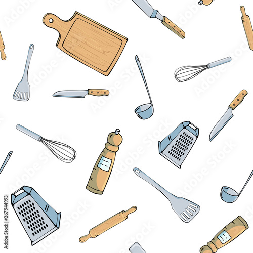 Hand drawn seamless pattern with Kitchen Utensils. Original doodle style drawing for actual design.