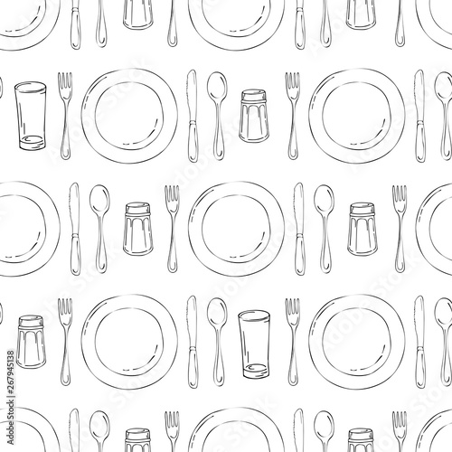 Hand drawn seamless pattern with Kitchen Utensils.Original doodle style drawing for actual design. Creative ink art work