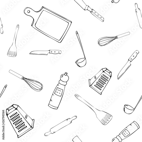 Hand drawn seamless pattern with Kitchen Utensils.Original doodle style drawing for actual design. Creative ink art work