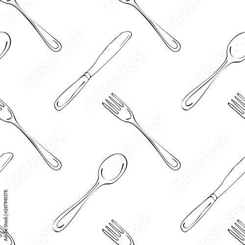 Hand drawn seamless pattern with Kitchen Utensils.Original doodle style drawing for actual design. Creative ink art work